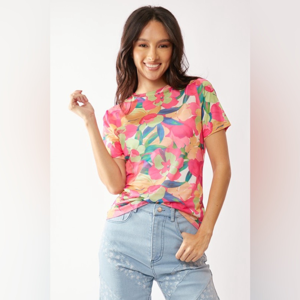 🟠 362B-PINK. Floral Sheer Mesh Short Sleeve Top